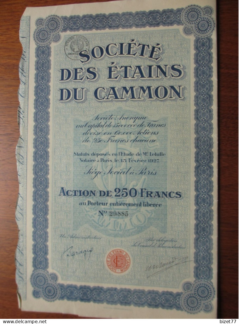 INDOCHINE - LOT DE 3 TITRES IDENTIQUES - STE DES ETAINS DU CAMMON - ACTION DE 25 PIASTRES - PARIS 1927 - Sonstige & Ohne Zuordnung