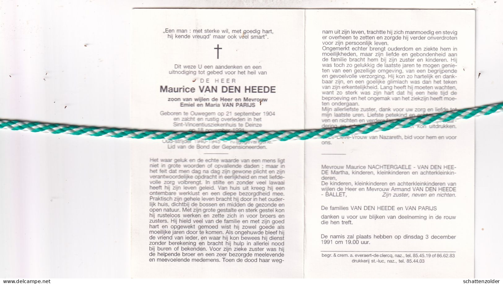 Maurice Van Den Heede-Van Parijs, Ouwegem 1904, Deinze 1991. Oud-strijder 40-45 - Overlijden