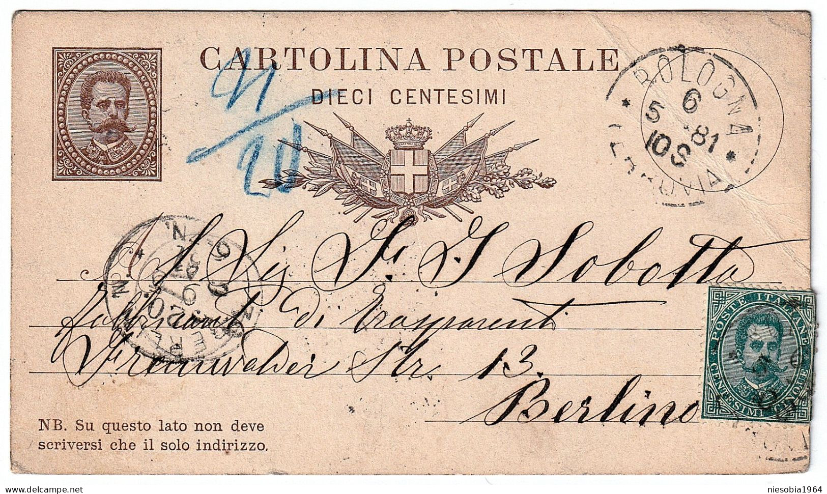 Bologna To Berlin 06.05.1881 - Belle-Époque Italian Postcard Vintage Postal Stationery XIX C. Italian Postcard - Stamped Stationery