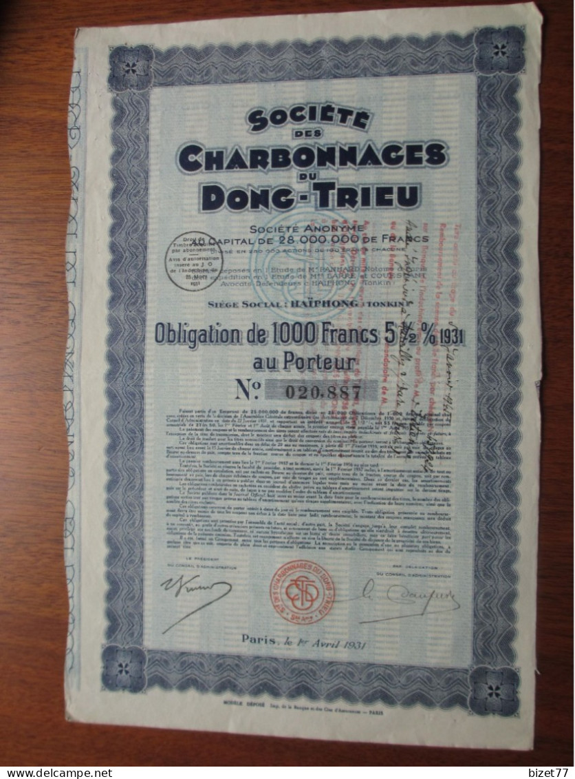 INDOCHINE - 2 TITRES -  HAÏPHONG-TONKIN , CHARBONNAGES DU DONC-TRIEU - OBLIGTION DE 1 000 FRS 5 1/2% 1931 - PARIS 1931 - Sonstige & Ohne Zuordnung