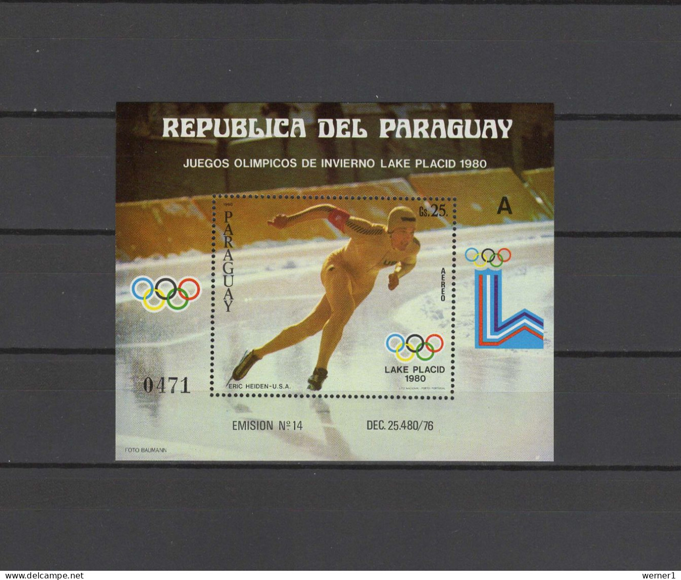 Paraguay 1980 Olympic Games Lake Placid S/s With "A" Number MNH - Inverno1980: Lake Placid