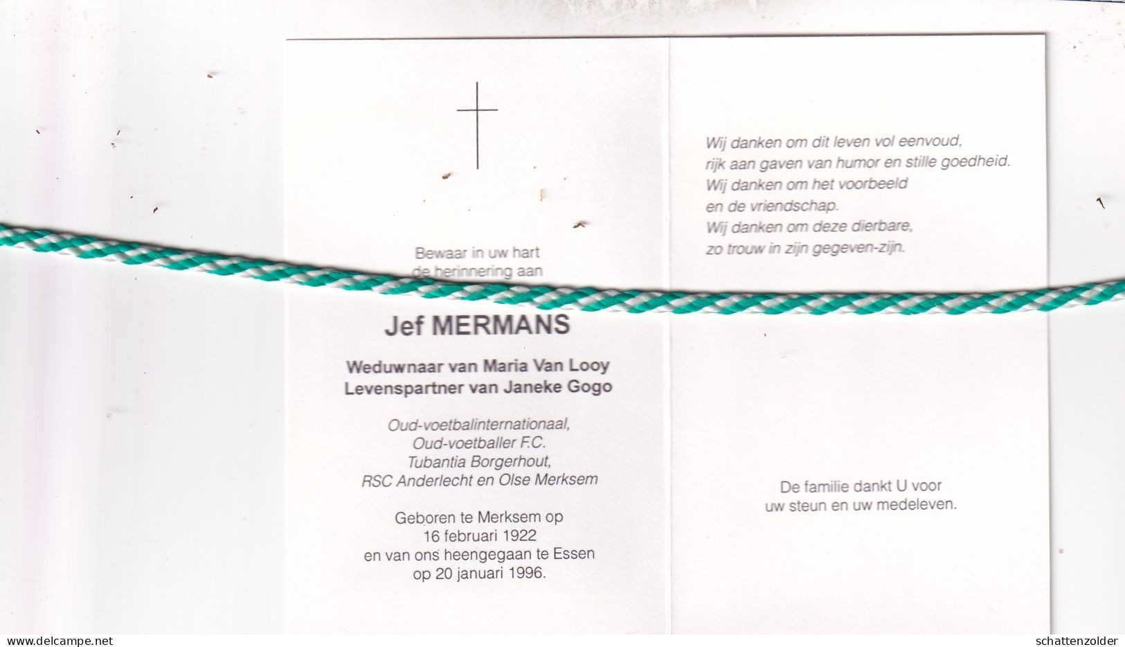 Jef Mermans-Van Looy-Gogo, Merksem 1922, Essen 1996. Oud Voetbalinternationaal, Oud Voetballer RSC Anderlecht. Foto - Décès