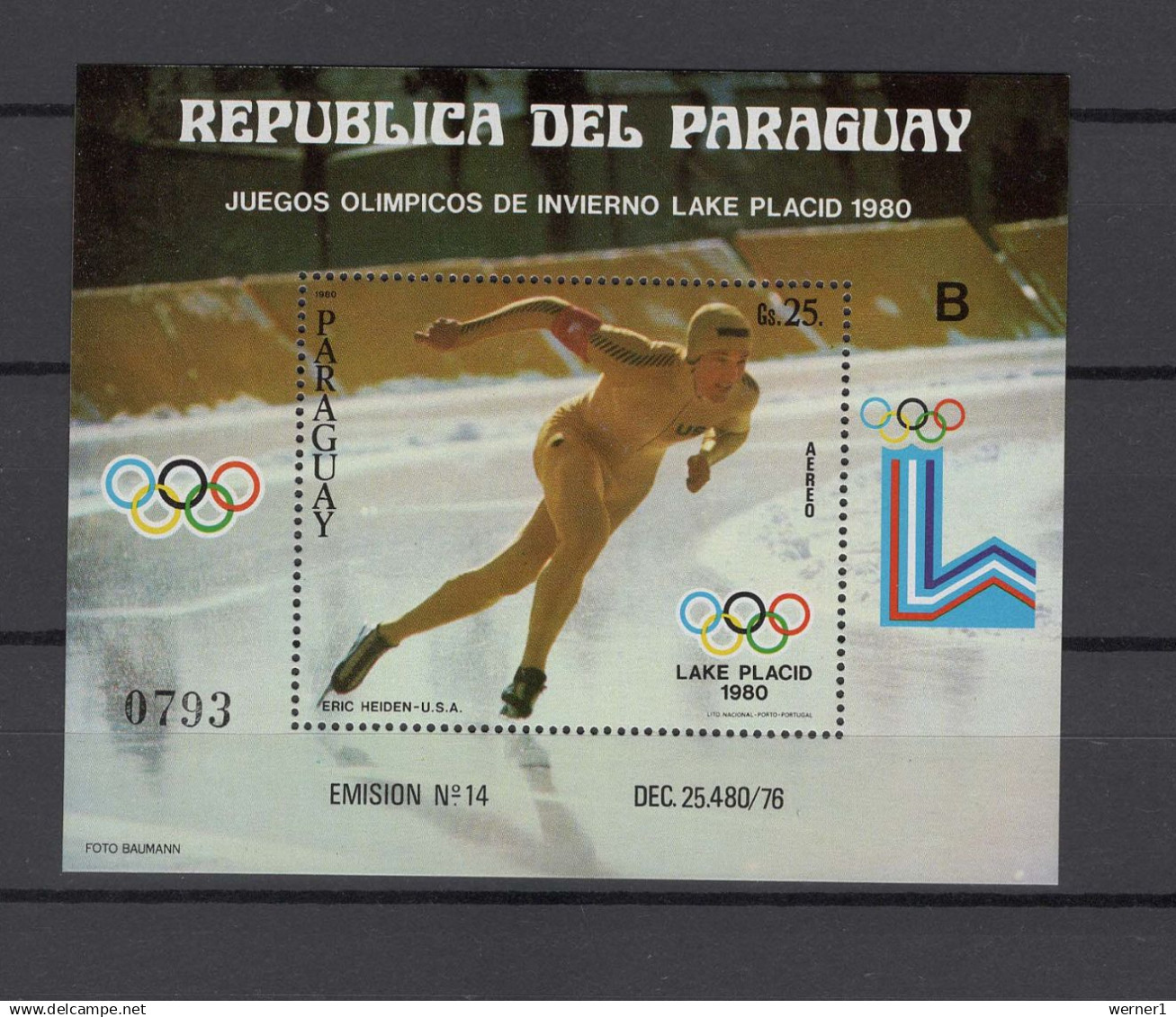 Paraguay 1980 Olympic Games Lake Placid S/s With "B" Number MNH - Inverno1980: Lake Placid