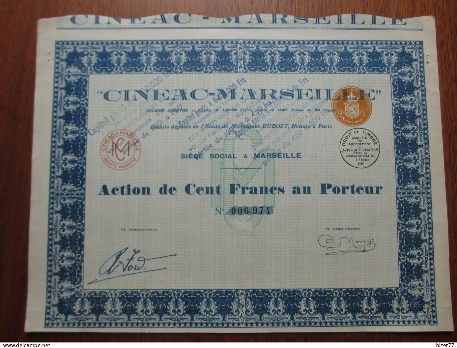 FRANCE - 13 - MARSEILLE 1935 - CINEAC-MARSEILLE , ACTION DE 100 FRS - Andere & Zonder Classificatie