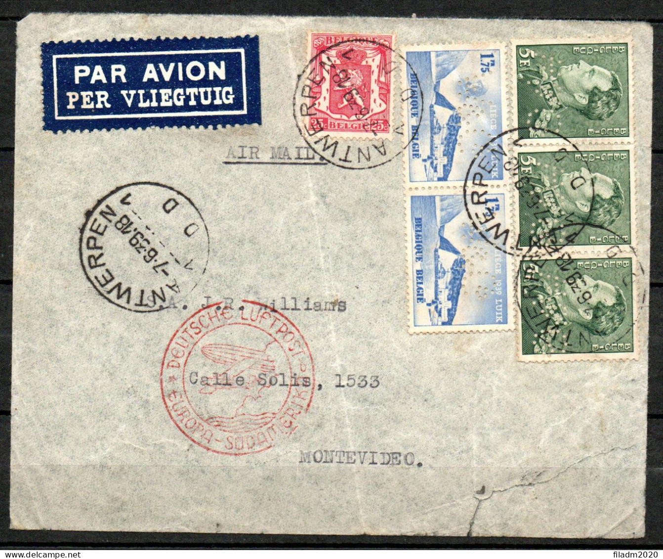 433 (3x) + 487 (2x) + 423 Met Perfin/perforatie W&G Op Luchtpostbrief Gestempeld ANTWERPEN Naar MONTEVIDEO - 1936-51 Poortman