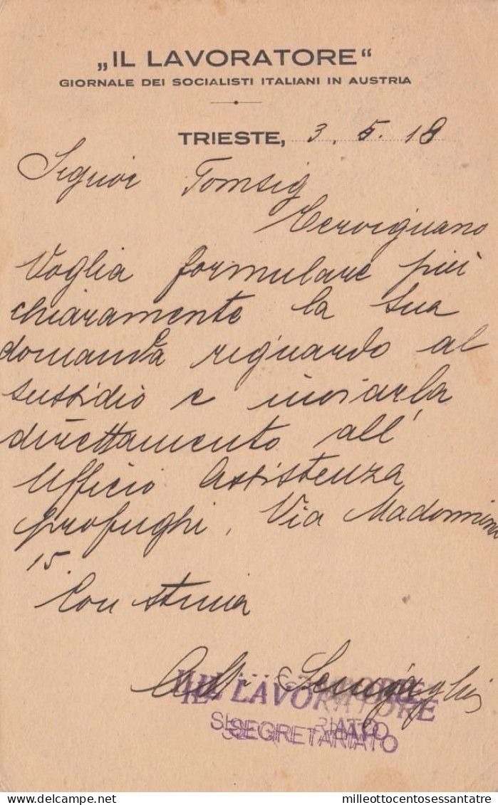 1749 - AUSTRIA - CARTOLINA POSTALE - Del 1918 Da Heller 8 Verde Scuro - " IL LAVORATORE" Trieste . - Cartas & Documentos