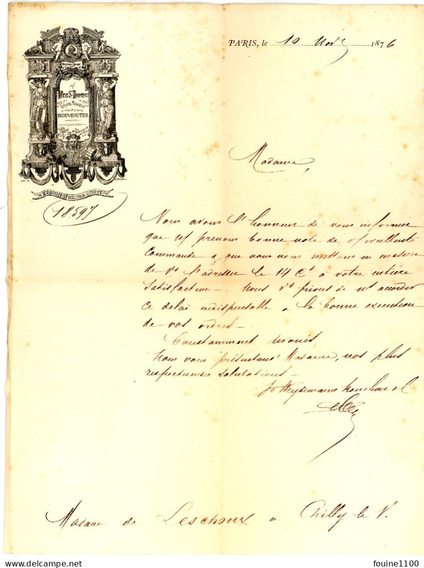 FACTURE Illustrée Année 1876 AU PETIT SAINT THOMAS Nouveautés WEYDEMANN BOUCHON Et Cie à PARIS - 1800 – 1899