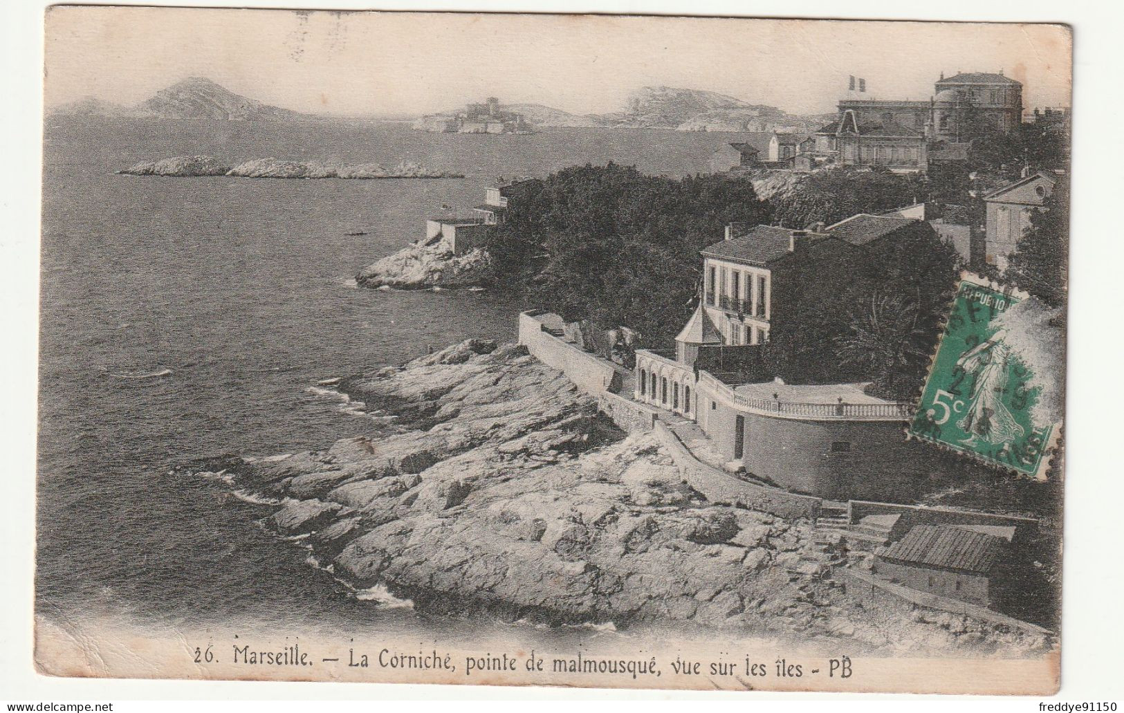13 . MARSEILLE . LA  CORNICHE  . POINTE DE  MALMOUSQUE .  VUE SUR LES ILES  . 1913 - Non Classés