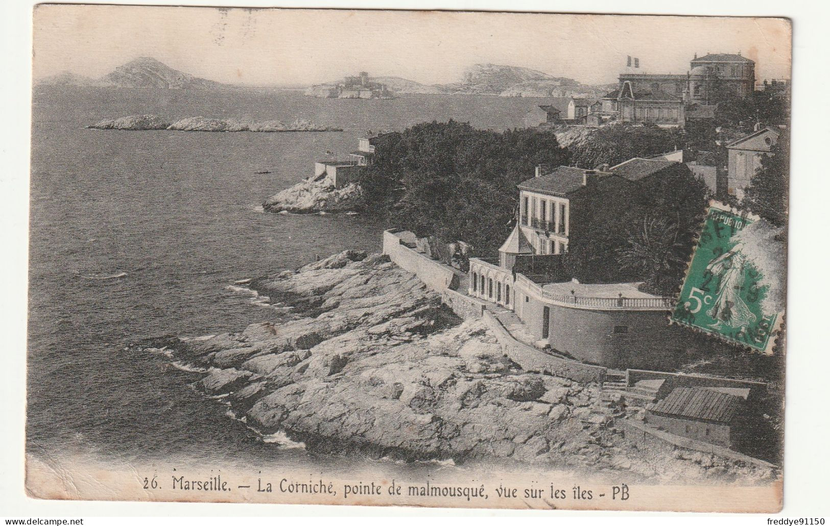 13 . MARSEILLE . LA  CORNICHE  . POINTE DE  MALMOUSQUE .  VUE SUR LES ILES  . 1913 - Unclassified