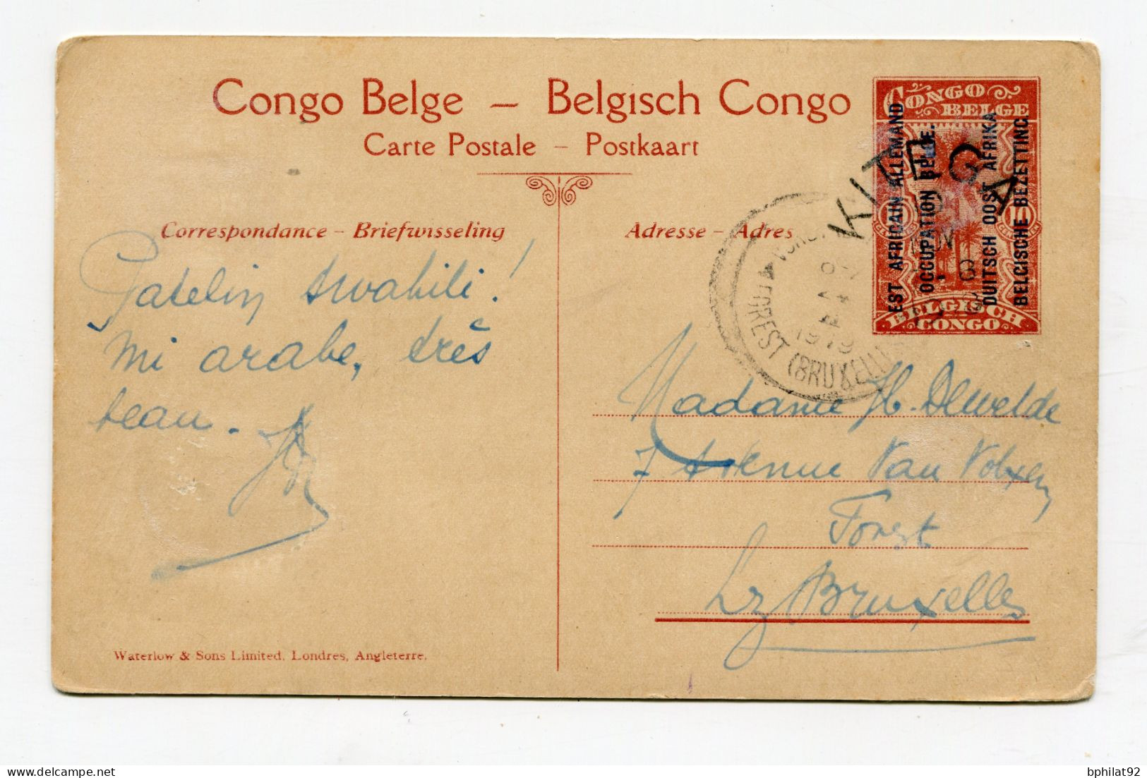 !!! ENTIER POSTAL DU CONGO BELGE SURCH EST AFRICAIN ALLEMAND OCCUPATION BELGE, CACHET DE KITEGA DE 1919 - Brieven En Documenten