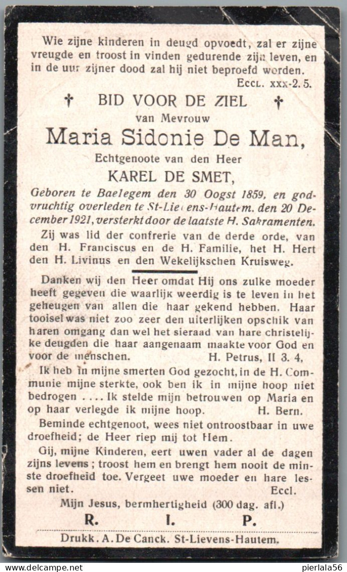 Bidprentje Balegem - De Man Maria Sidonie (1859-1921) Plooien - Devotion Images