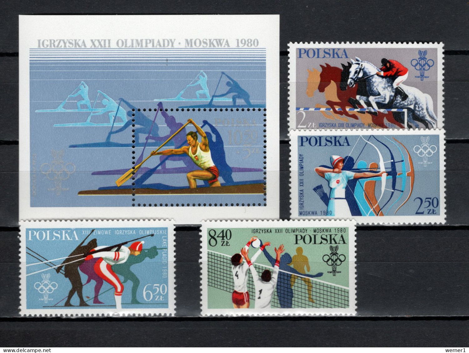 Poland 1980 Olympic Games Moscow / Lake Placid, Rowing, Equestrian, Volleyball Etc. Set Of 4 + S/s MNH - Estate 1980: Mosca