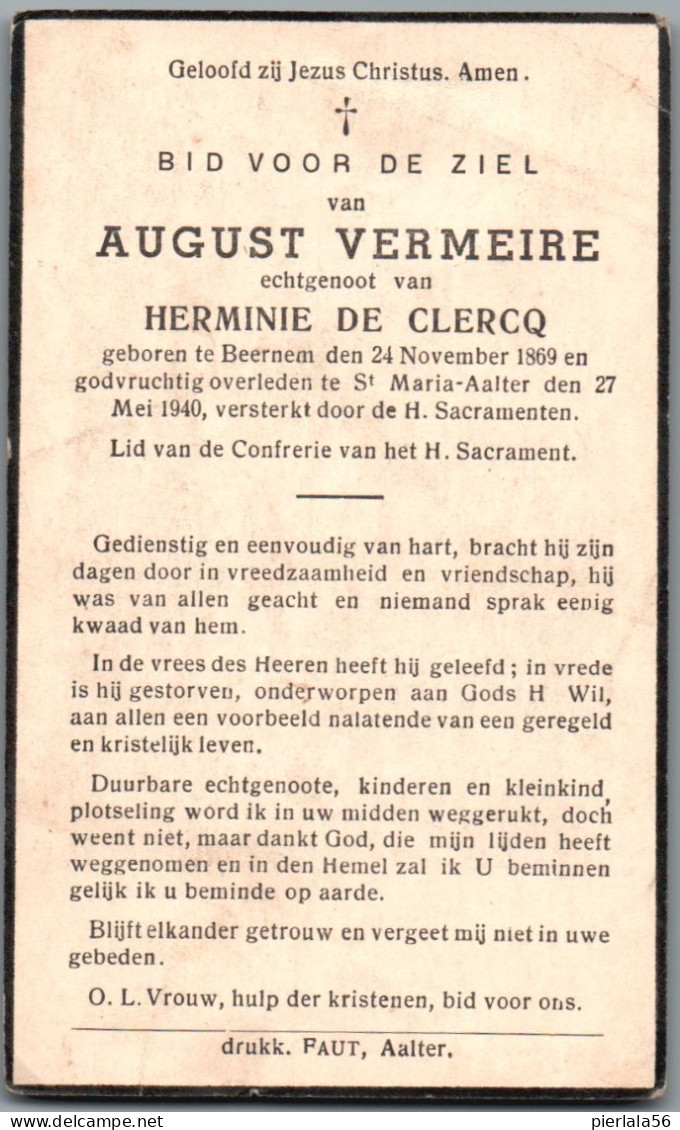 Bidprentje Beernem - Vermeire August (1869-1940) - Devotion Images