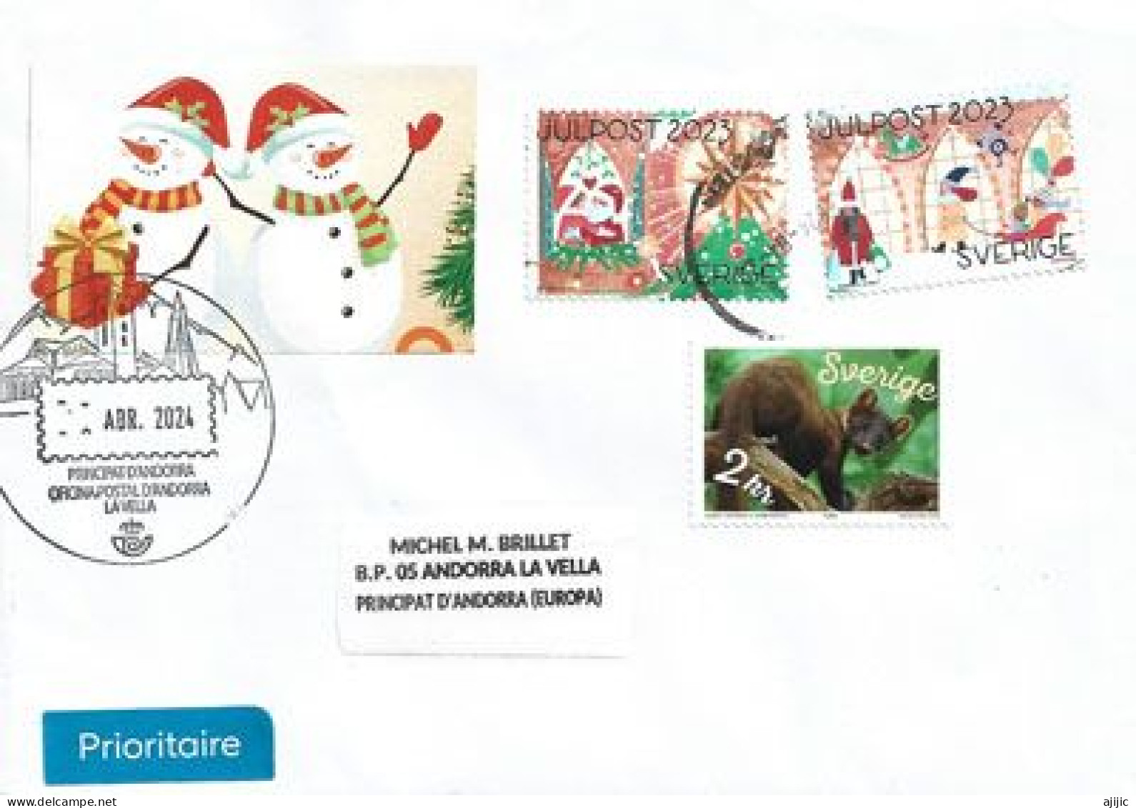 2024: Sweden. Julpost ('Christmas Mail') Letter From Sweden To Andorra,with Arrival Postmark - Briefe U. Dokumente