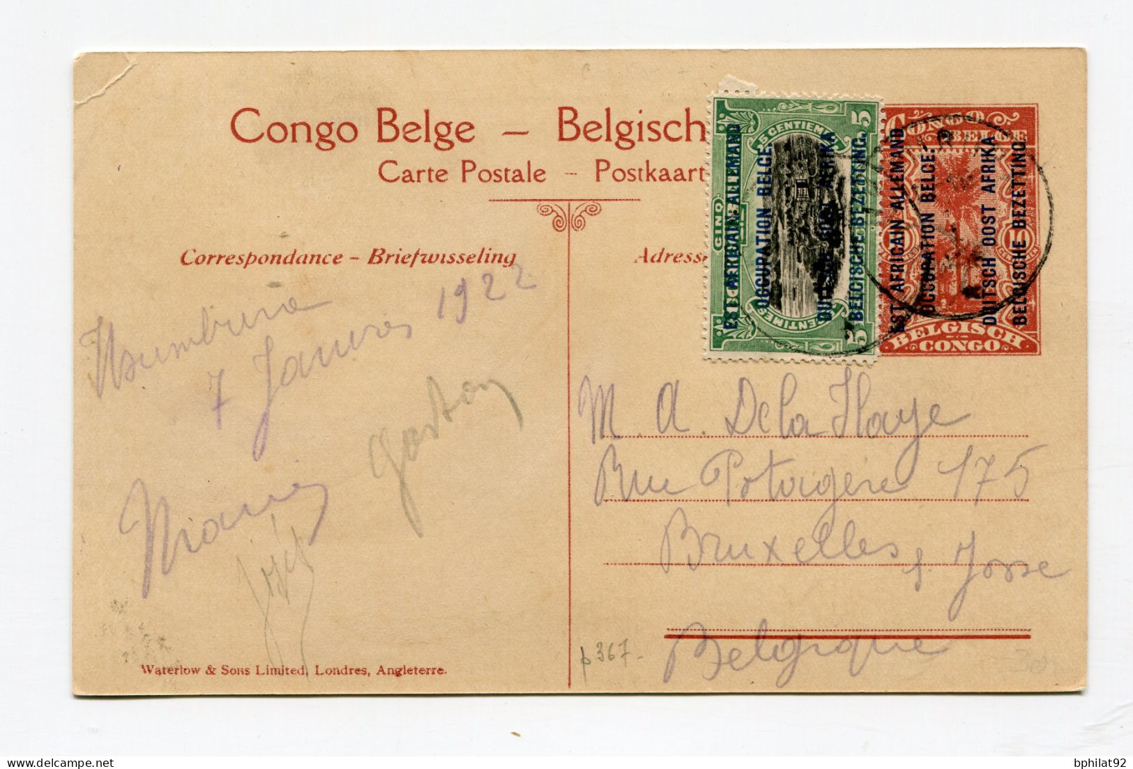 !!! ENTIER POSTAL DU CONGO BELGE SURCH EST AFRICAIN ALLEMAND OCCUPATION BELGE, CACHET D'USUMBURA DE 1922 - Brieven En Documenten