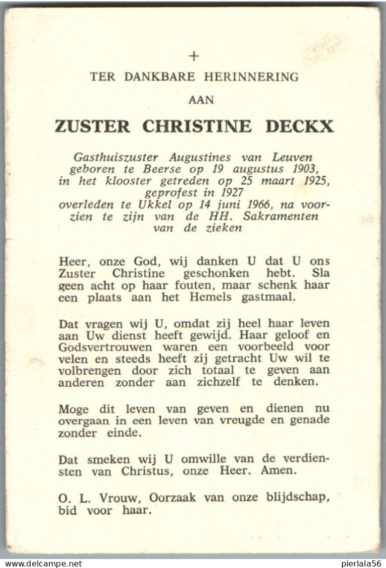 Bidprentje Beerse - Deckx Christine (1903-1925) Zuster - Images Religieuses