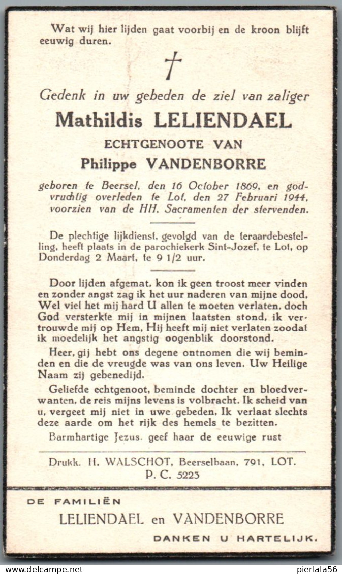 Bidprentje Beersel - Leliendael Mathildis (1869-1944) - Images Religieuses