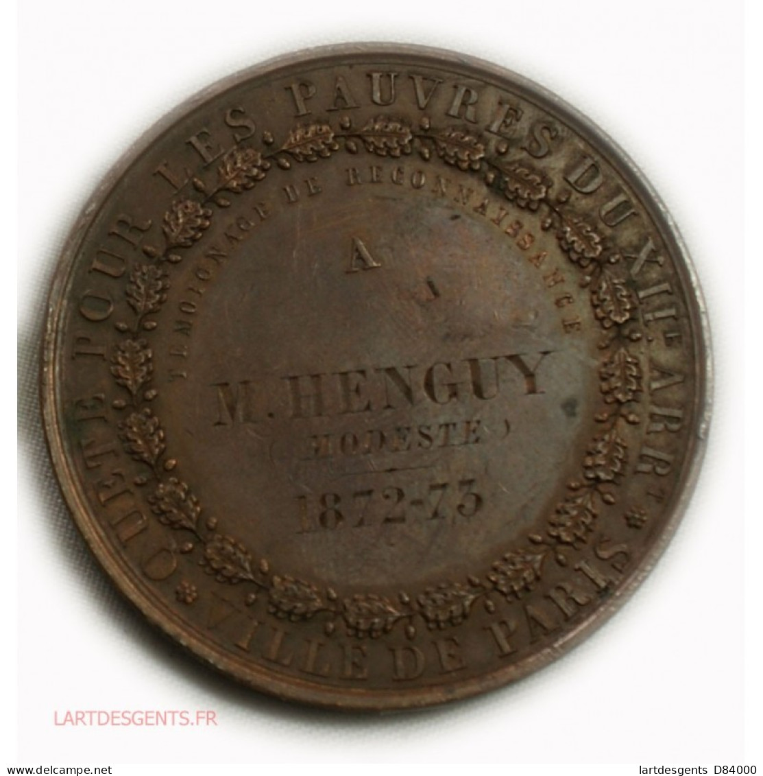 Médaille Quête Pour Les Pauvres 2ème Arrond. Paris 1872-73, Lartdesgents - Adel