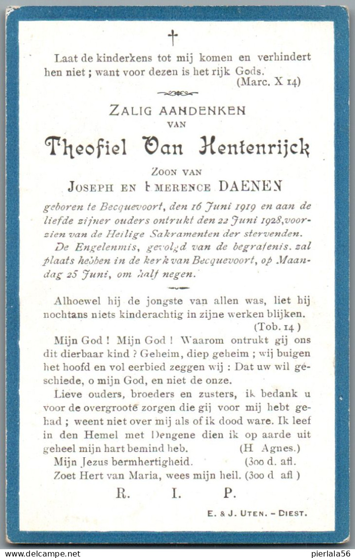 Bidprentje Bekkevoort - Van Hentenrijck Theofiel (1919-1928) - Devotion Images