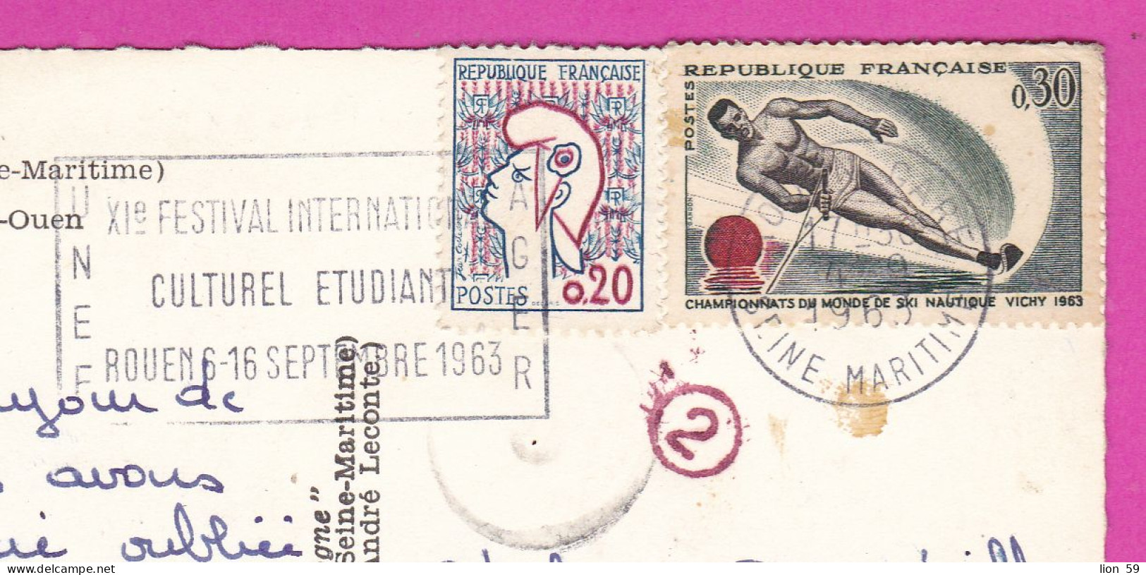 294107 / France - ROUEN (Seine-Maritime) PC 1965 USED 0.20+0.30 Fr. Marianne De Cocteau Championnats Ski Nautique Flamme - Brieven En Documenten