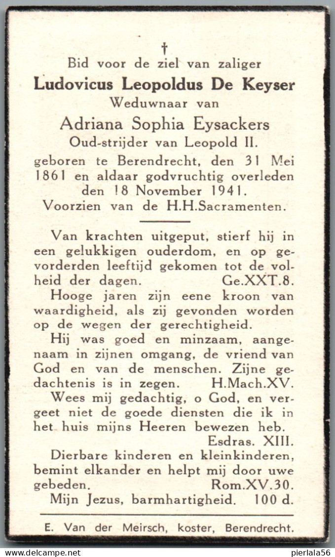 Bidprentje Berendrecht - De Keyser Ludovicus Leopoldus (1861-1941) - Devotion Images