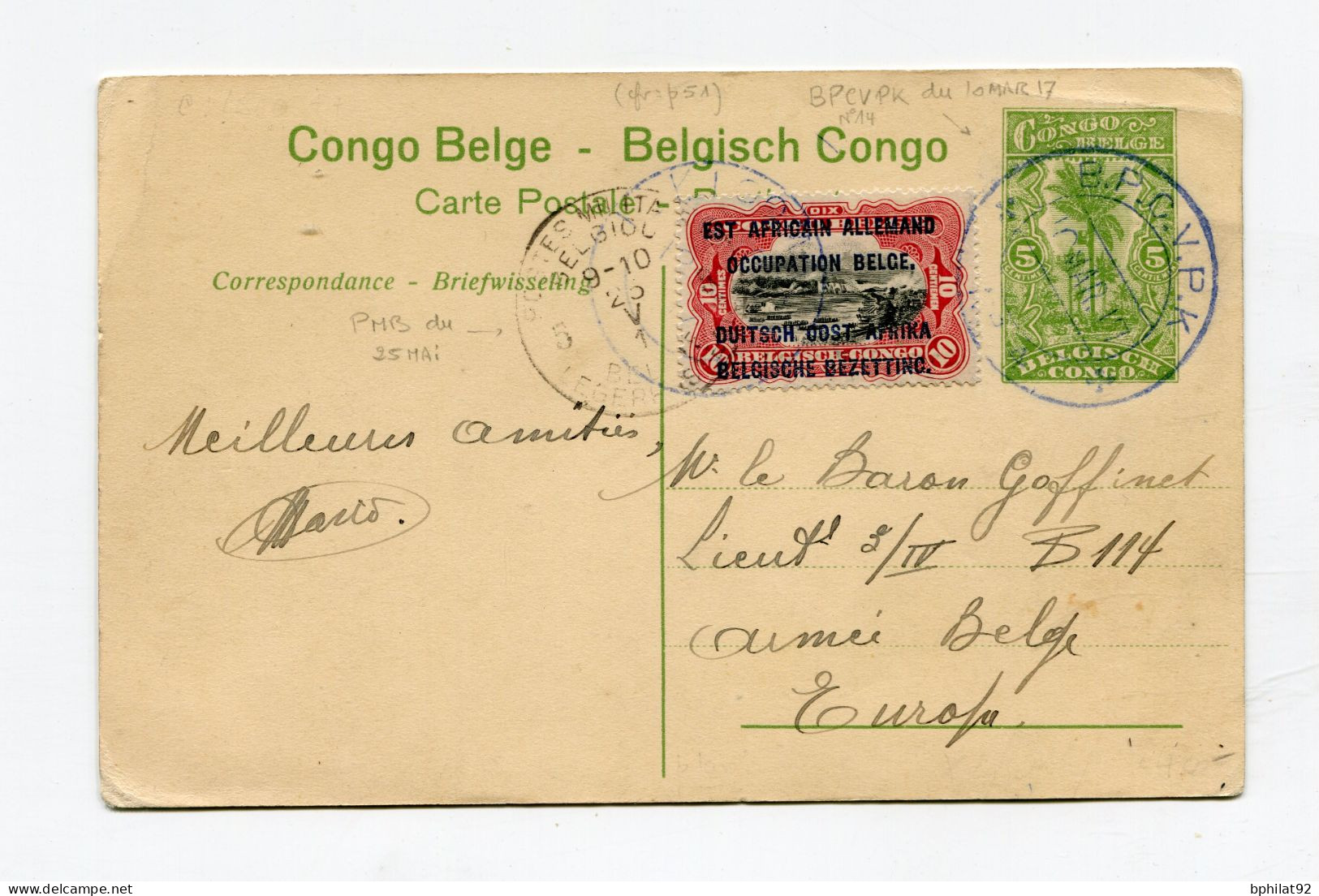 !!! ENTIER POSTAL DU CONGO BELGE, CACHET BPCVPK DE 1917 - Covers & Documents