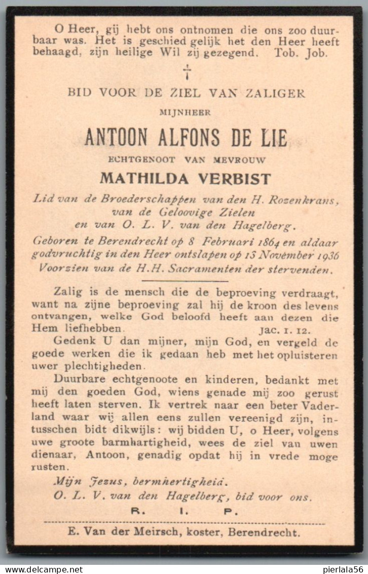Bidprentje Berendrecht - De Lie Antoon Alfons (1864-1936) - Andachtsbilder