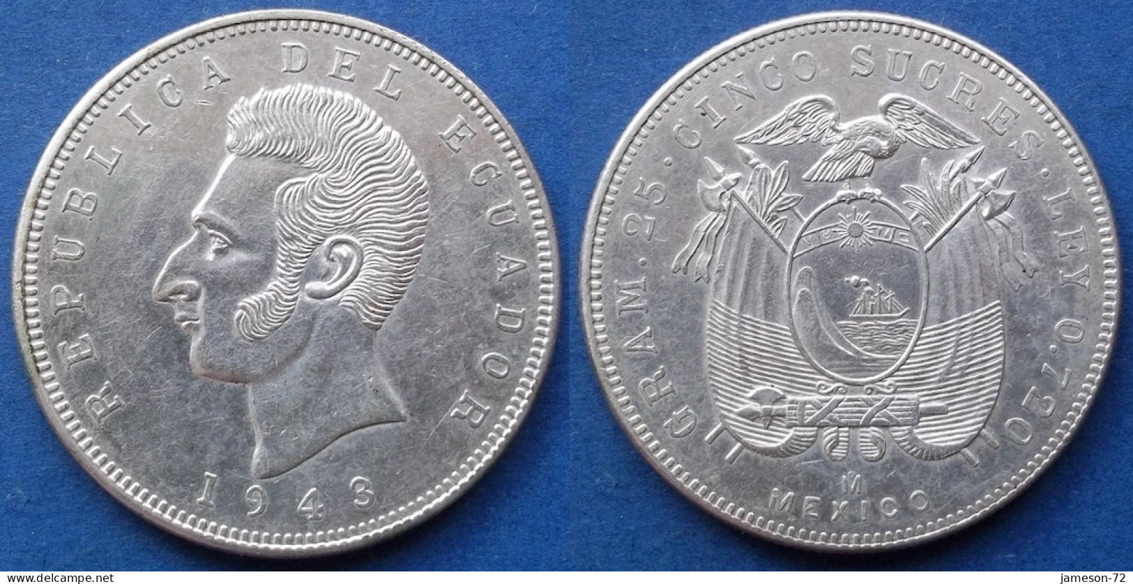 ECUADOR - Silver 5 Sucres 1943 Mo KM# 79 Decimal Coinage (1872-1999) - Edelweiss Coins - Equateur