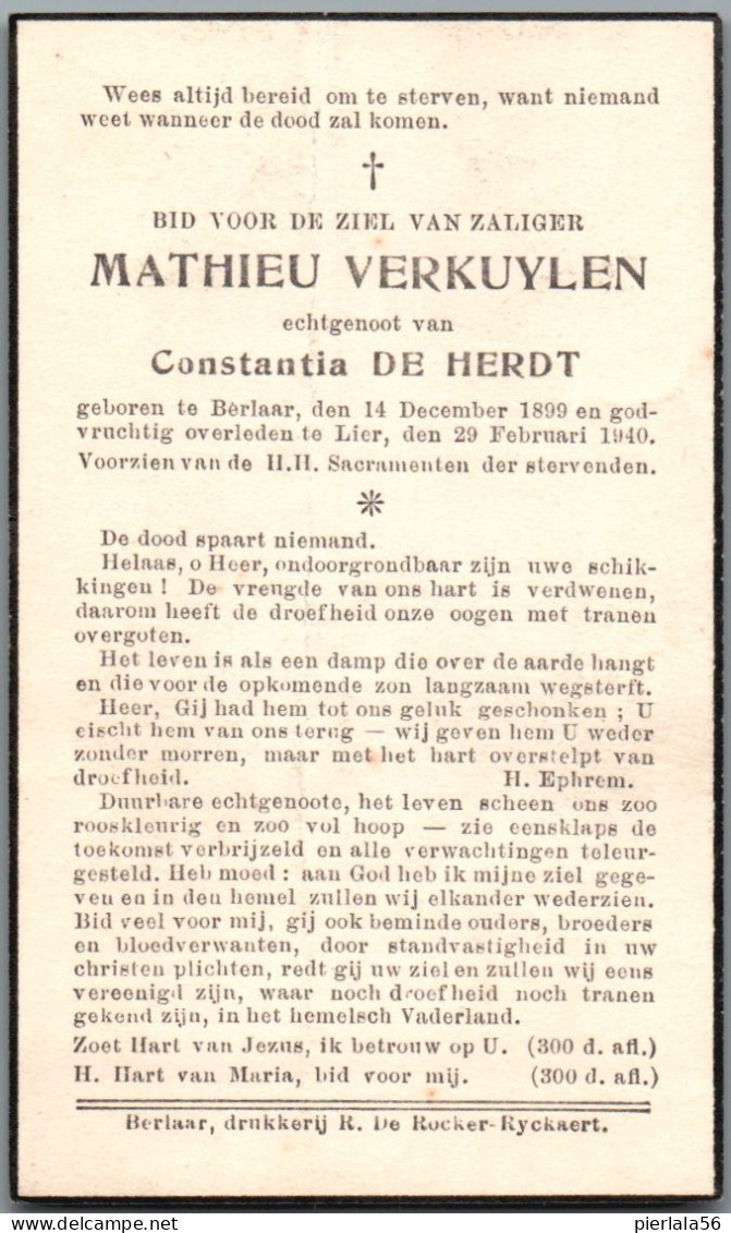 Bidprentje Berlaar - Verkuylen Mathieu (1899-1940) - Andachtsbilder