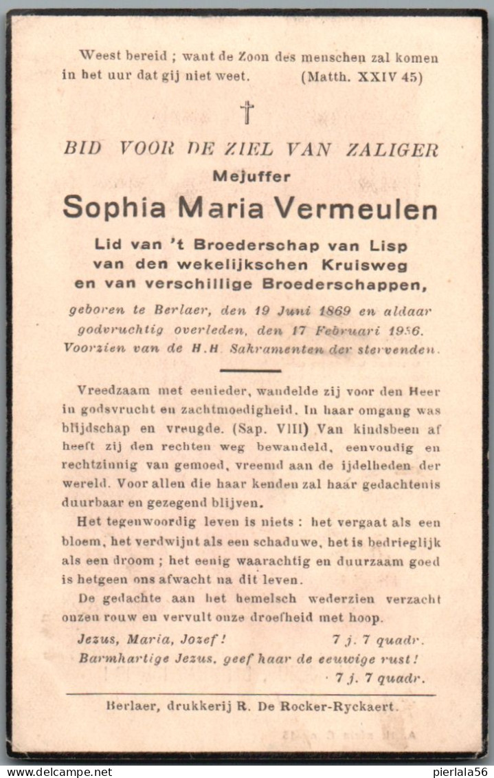 Bidprentje Berlaar - Vermeulen Sophia Maria (1869-1936) - Images Religieuses