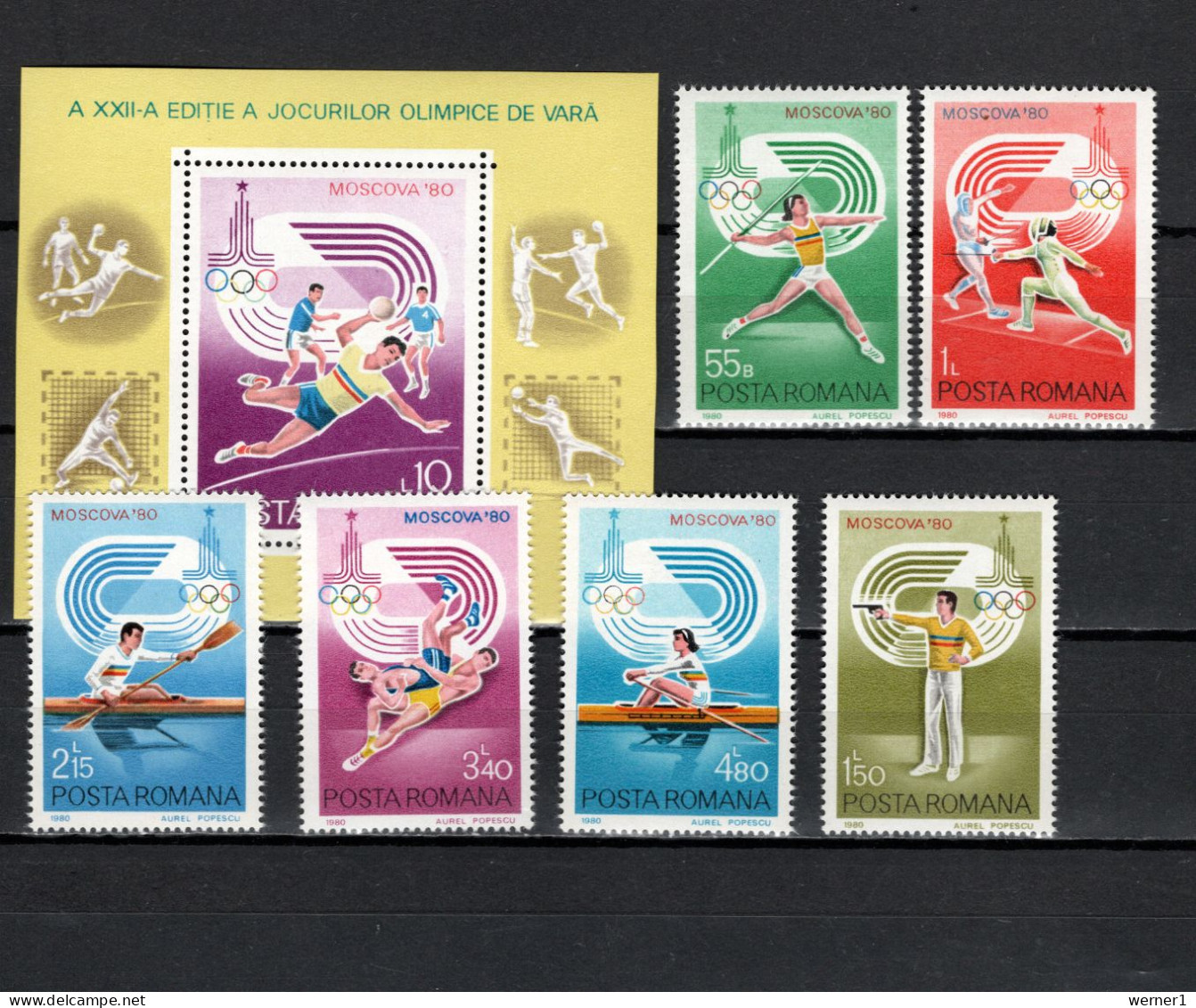 Romania 1980 Olympic Games Moscow, Handball, Fencing, Rowing, Wrestling Etc. Set Of 6 + S/s MNH - Estate 1980: Mosca