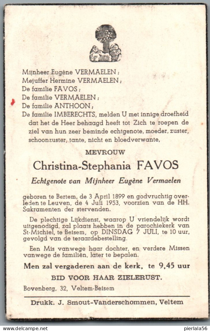 Bidprentje Bertem - Favos Christina Stephania (1899-1953) - Andachtsbilder