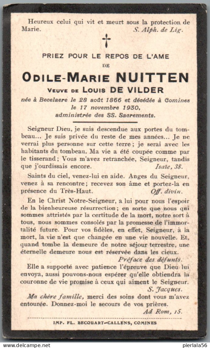 Bidprentje Beselare - Nuitten Odile Marie (1866-1930) - Images Religieuses