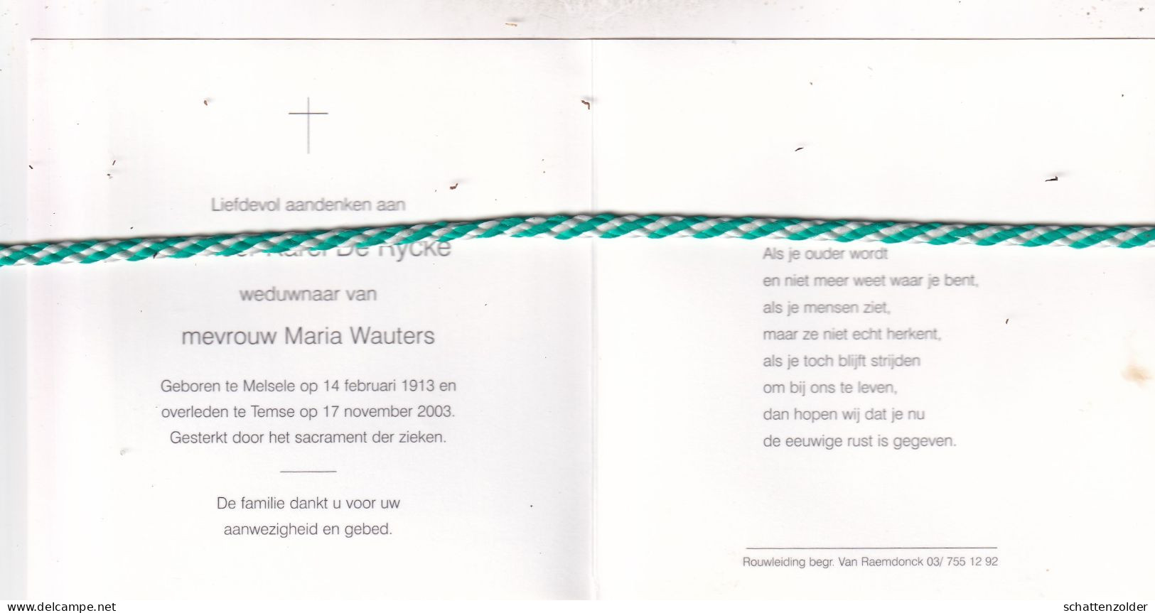 Karel De Rycke-Wauters, Melsele 1913, Temse 2003. Foto - Overlijden