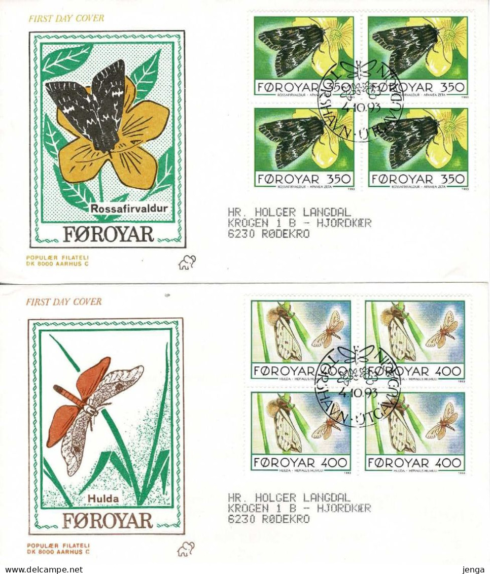 Faroe Islands 1993 Faroese Butterflies; Set Of 4 In Block Of 4 On FDC (Populær Filateli). - Papillons