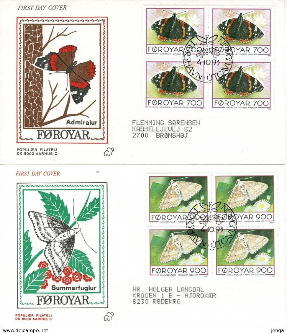 Faroe Islands 1993 Faroese Butterflies; Set Of 4 In Block Of 4 On FDC (Populær Filateli). - Schmetterlinge