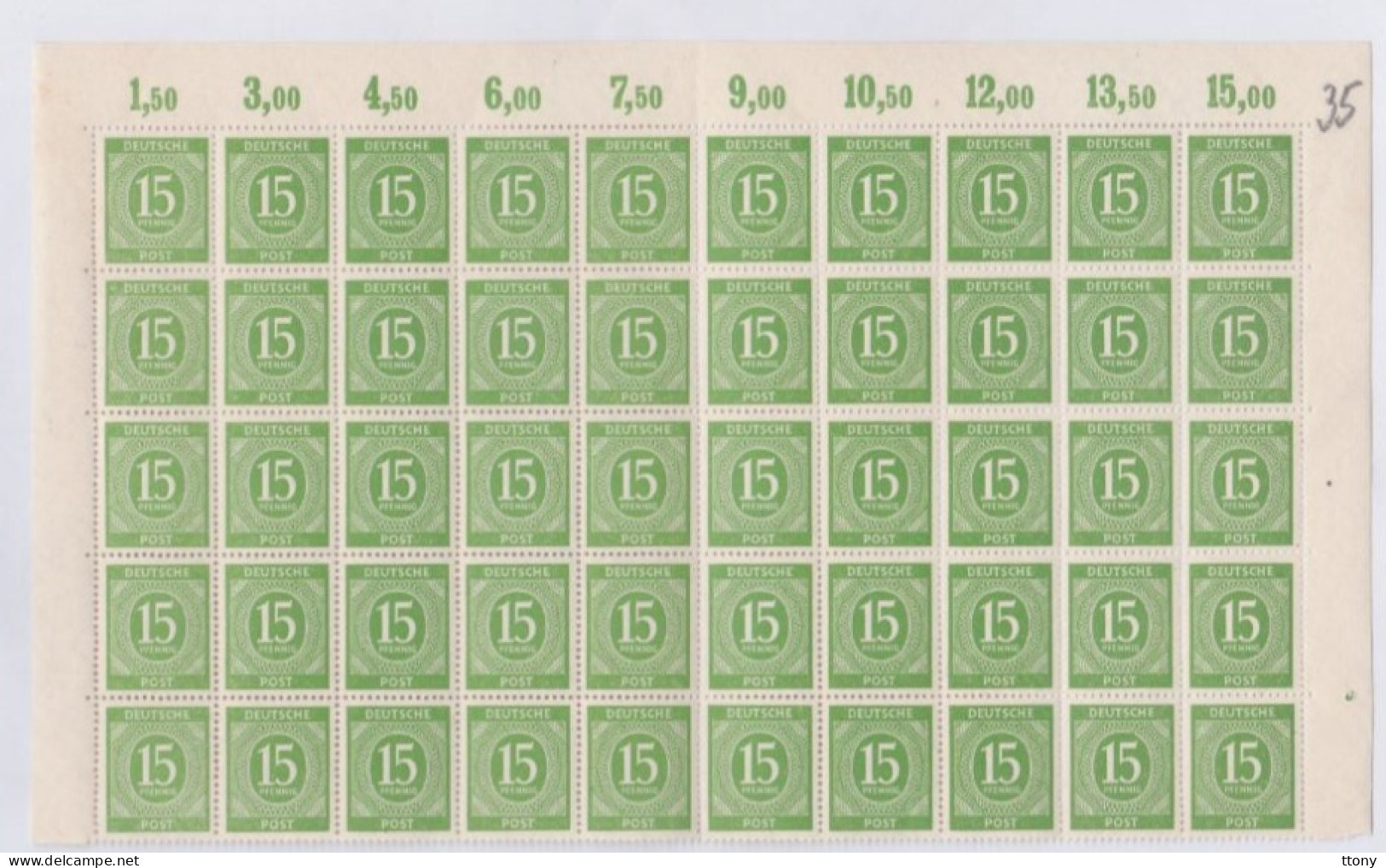 45 Timbres 15 Pf  Vert ** Sur Moitié De Feuille   Allemagne    Occupation Alliée   Zone Interalliée AAS  N° 922 - Nuovi