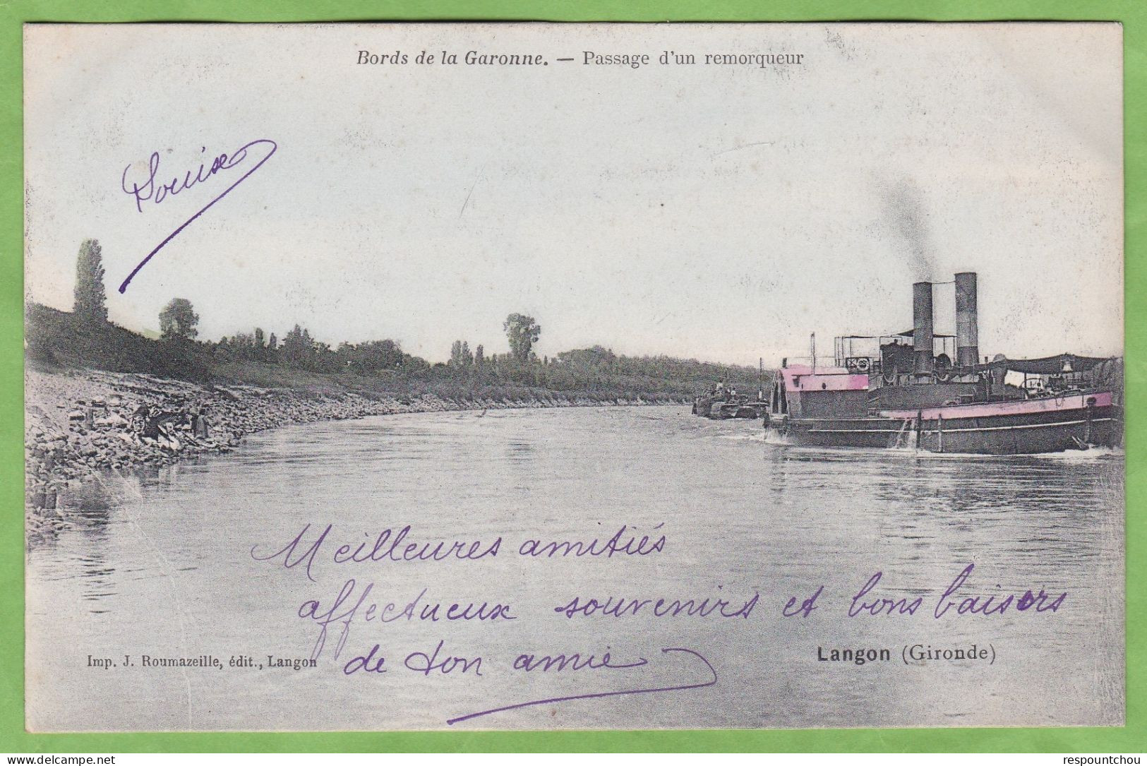 Belle CPA LANGON Bords De La Garonne Passage D'un Remorqueur Animé 33 Gironde - Langon