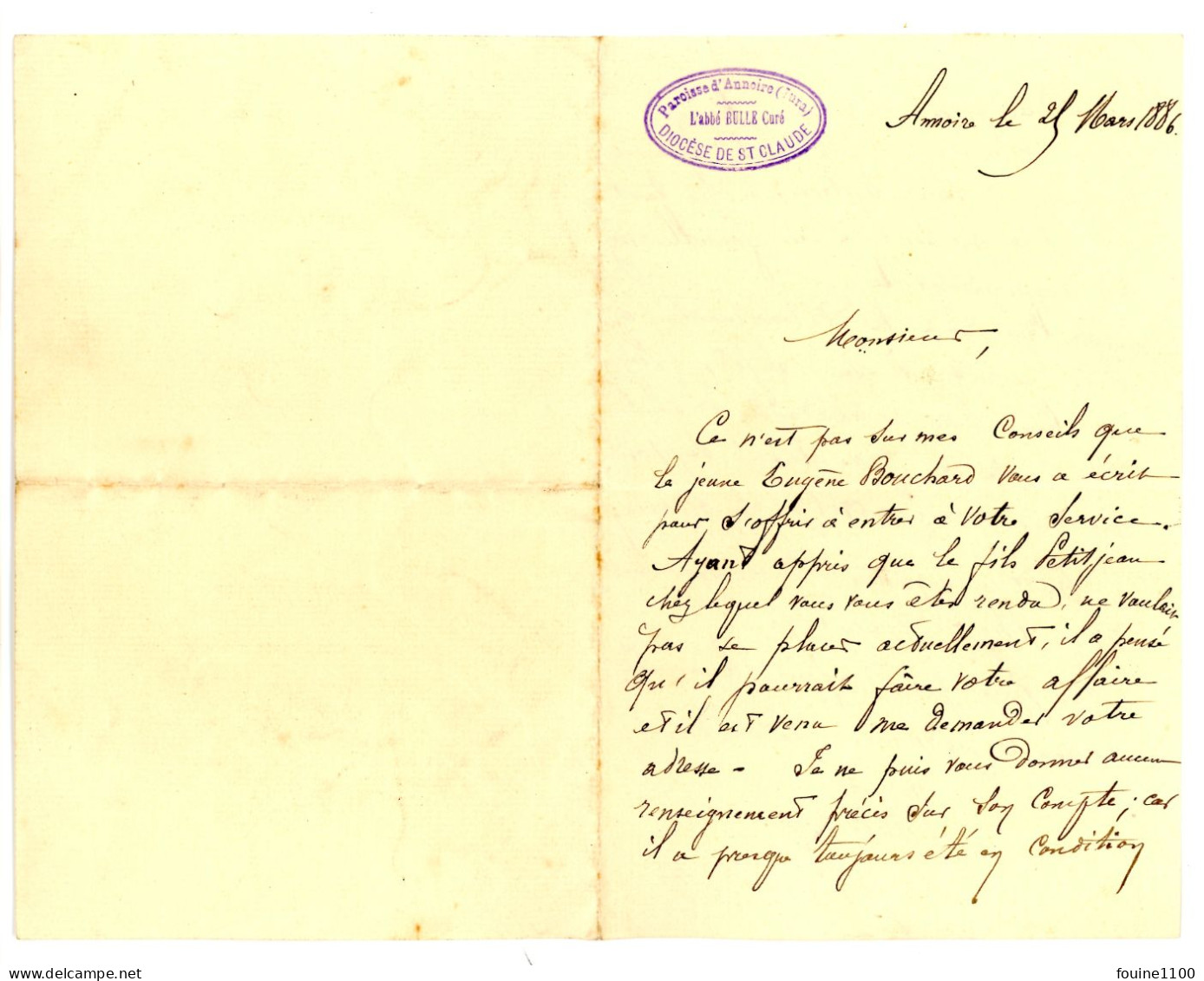 Lettre De La Paroisse D ANNOIRE 39 JURA De L'abbé BULLE Curé Diocèse De SAINT CLAUDE Année 1886 - 1800 – 1899