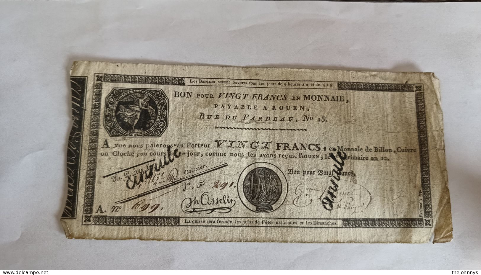 RARE : Bon Pour 20 Francs En Monnaie An 12 Rouen - Autres & Non Classés