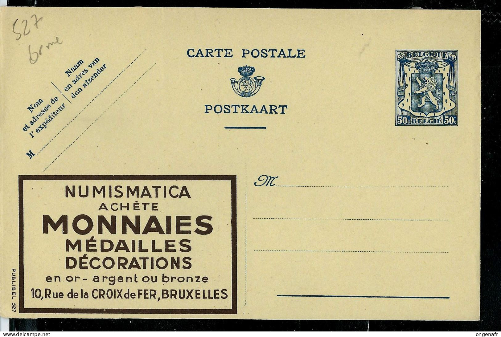 Publibel Neuve N° 527 Brun  ( Monnaies - Médailles - NUMISMATICA - Bruxelles ) - Werbepostkarten