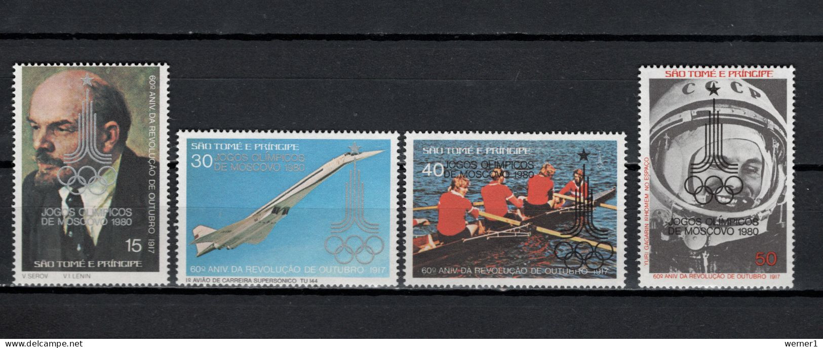 Sao Tome E Principe (St. Thomas & Prince) 1981 Olympic Games Moscow, Space, Concorde, Rowing, Lenin Set Of 4 With O/pMNH - Ete 1980: Moscou