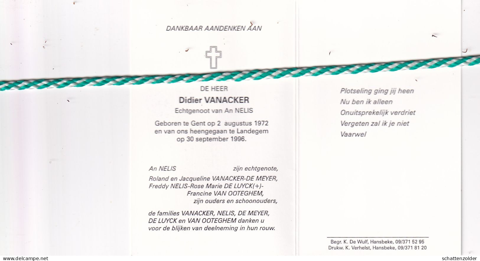 Didier Vanacker-Nelis, Gent 1972, Landegem 1996. Foto - Obituary Notices