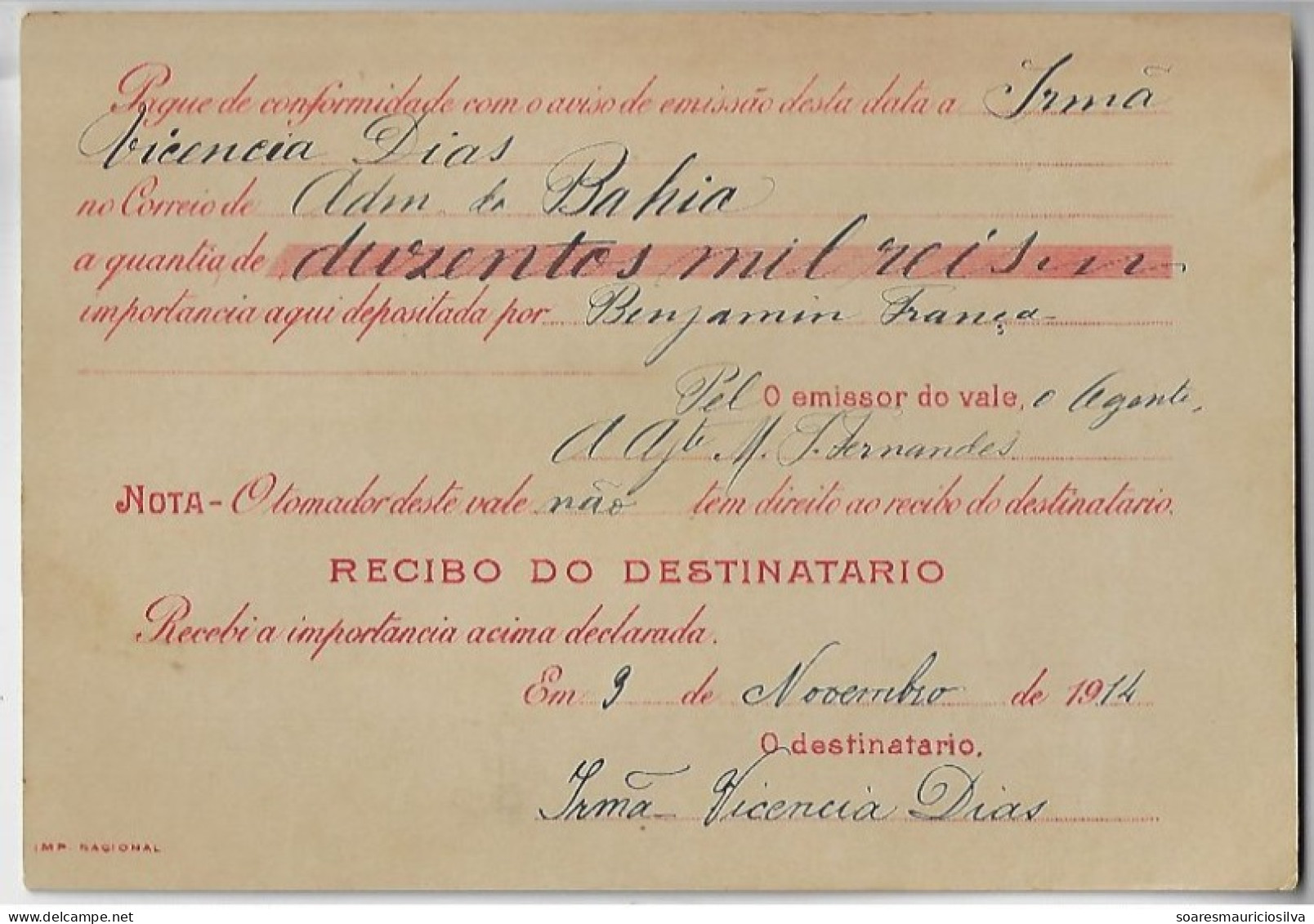 Brazil 1914 Money Order From Resende To Bahia Vale Postal Stamp 200$000 + Definitive 2,000 Reis Republic - Storia Postale