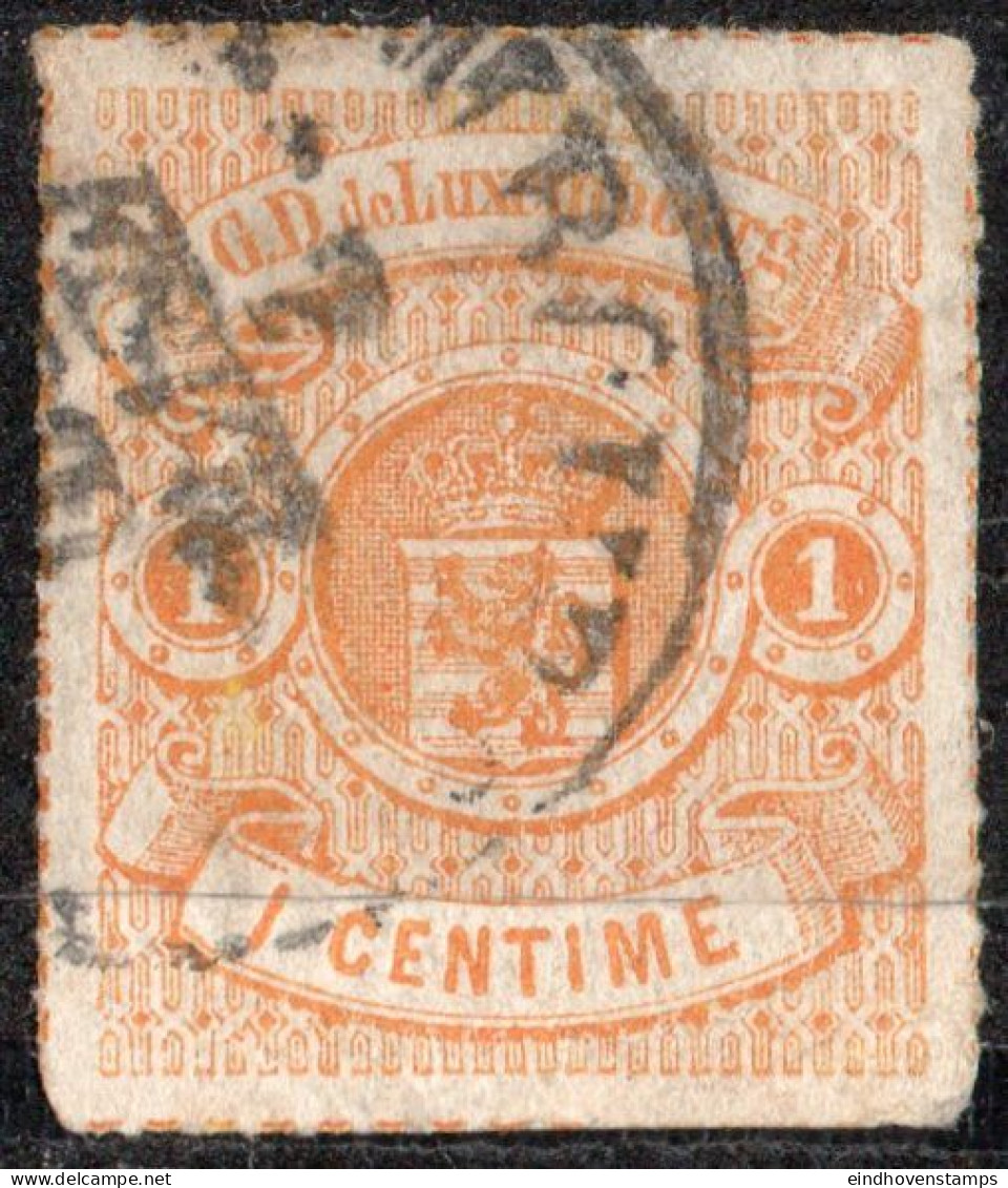 Luxemburg 1865 1 C Yellow Orange Coloured Line Perforation Cancelled - 1859-1880 Coat Of Arms