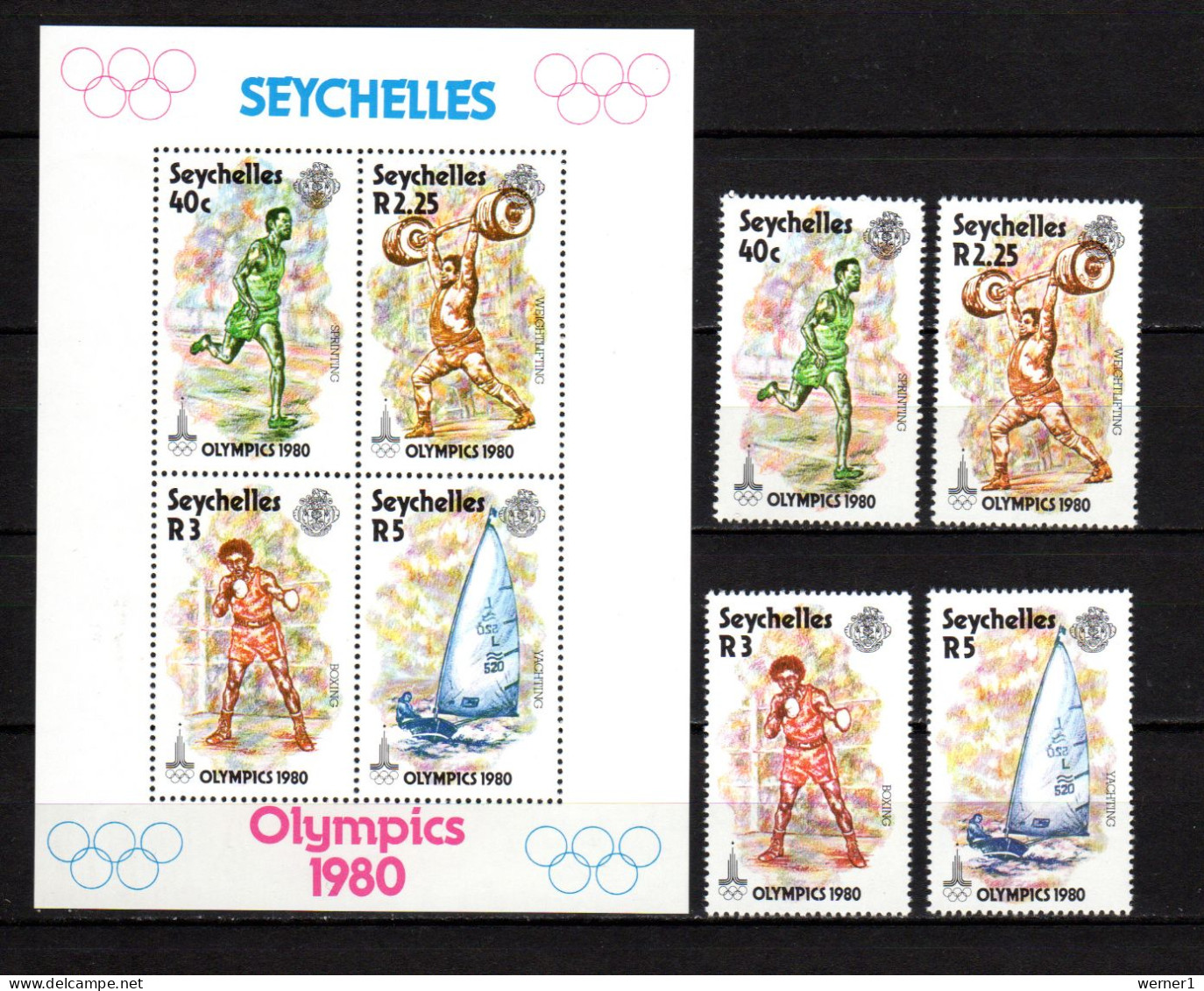 Seychelles 1980 Olympic Games Moscow, Weightlifting, Boxing, Sailing Etc. Set Of 4 + S/s MNH - Sommer 1980: Moskau