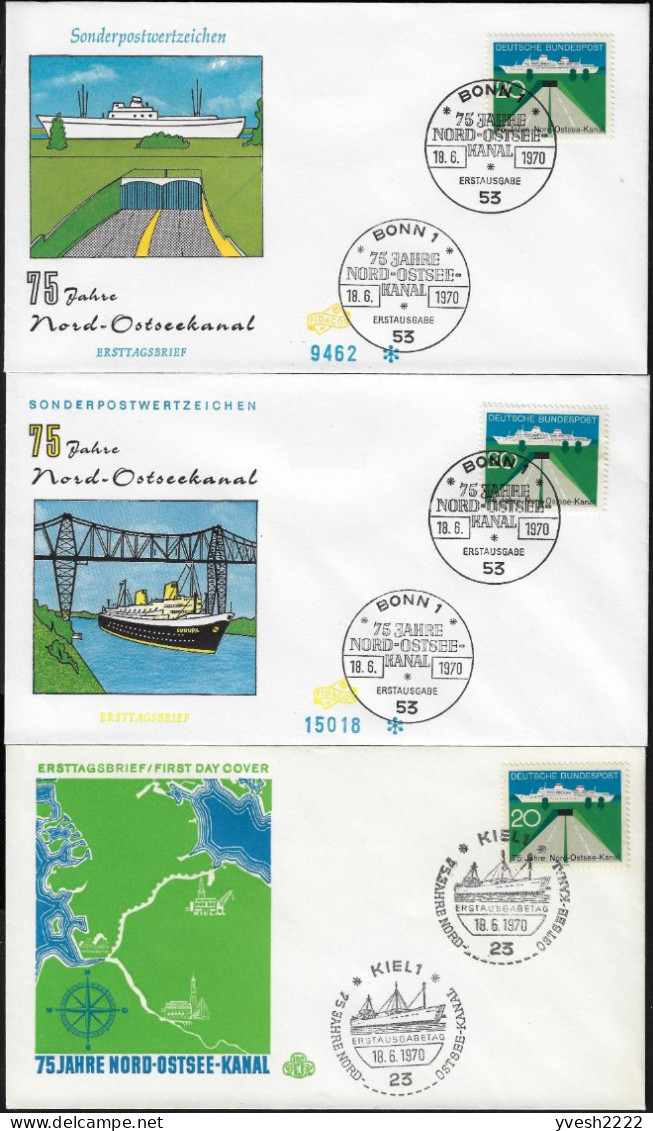 Allemagne 1970 Y&T 493 Sur 3 FDC Différents. 75e Anniversaire Du Canal De Kiel, Mer Du Nord à La Mer Baltique. Tunnel - Ships