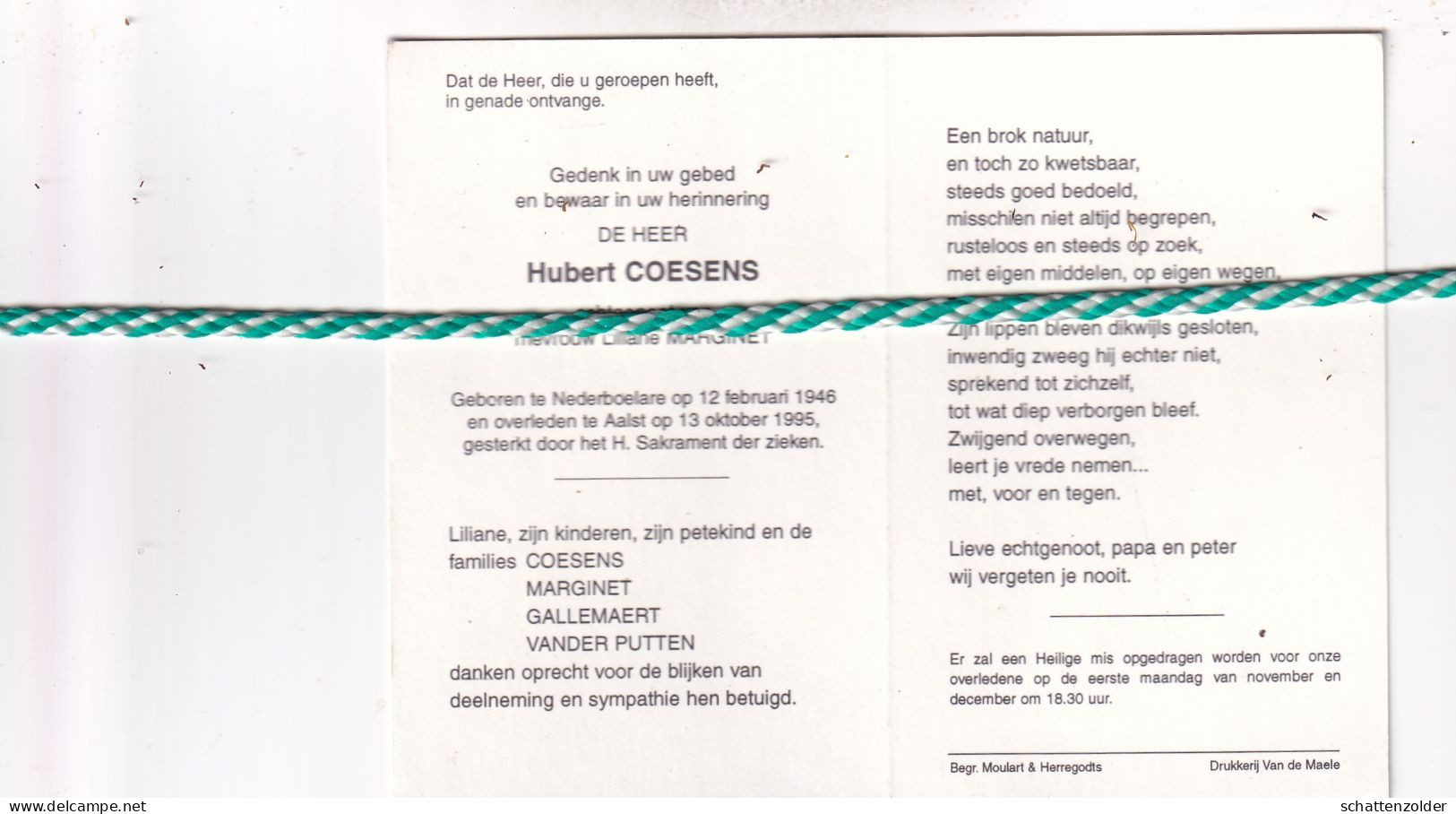 Hubert Coesens-Marginet, Nederboelare 1946, Aalst 1995. Foto - Décès