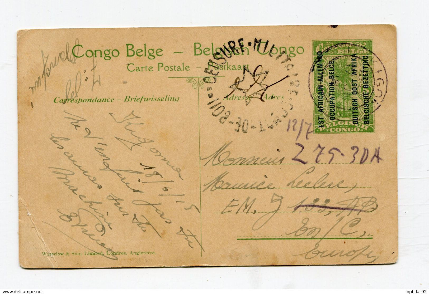 !!! ENTIER POSTAL DU CONGO BELGE SURCH EST AFRICAIN ALLEMAND OCCUPATION BELGE DE 1915 AVEC CENSURE MILITAIRE - Covers & Documents