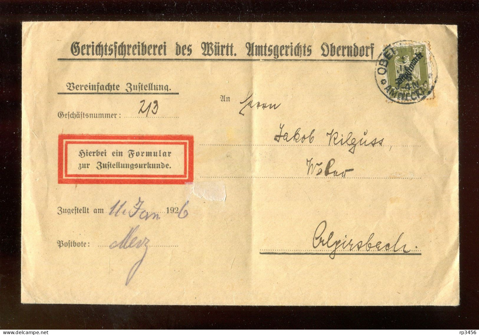 "DEUTSCHES REICH" 1926, Dienstmarke Mi. 110 EF Auf Gerichtsbrief Ex Amtsgericht Oberndorf (R2015) - Dienstzegels